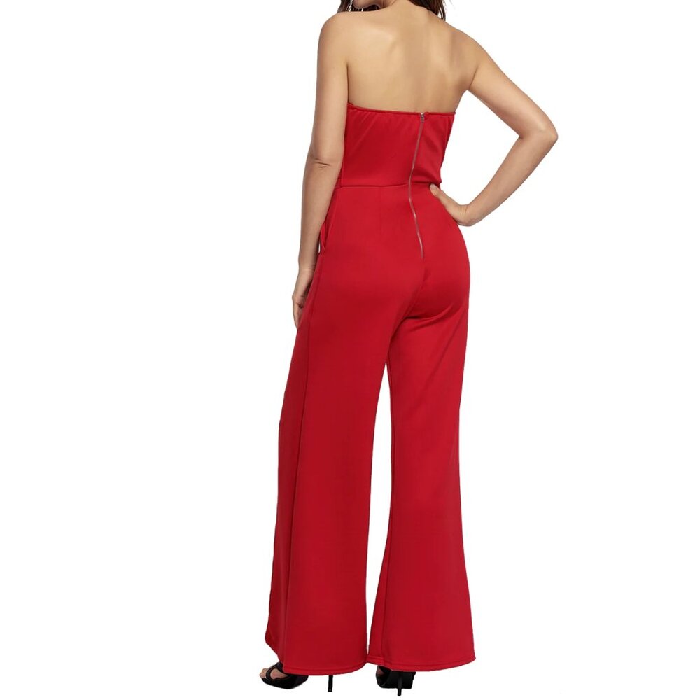 Backless Notched Neck Bare Shoulders Split Wide Pants Strapless Tube Jumpsuit - Picture 4 of 7